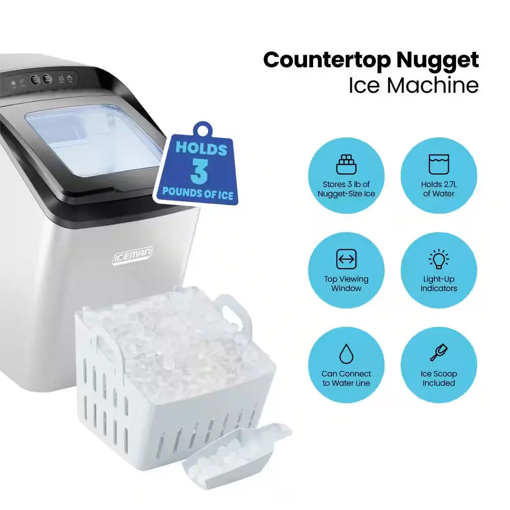 Countertop Nugget Ice Machine, Waterline Compatible, Creates Batch of Ice in 20 Min, Holds 3 Lb. of Ice | Fridge.com