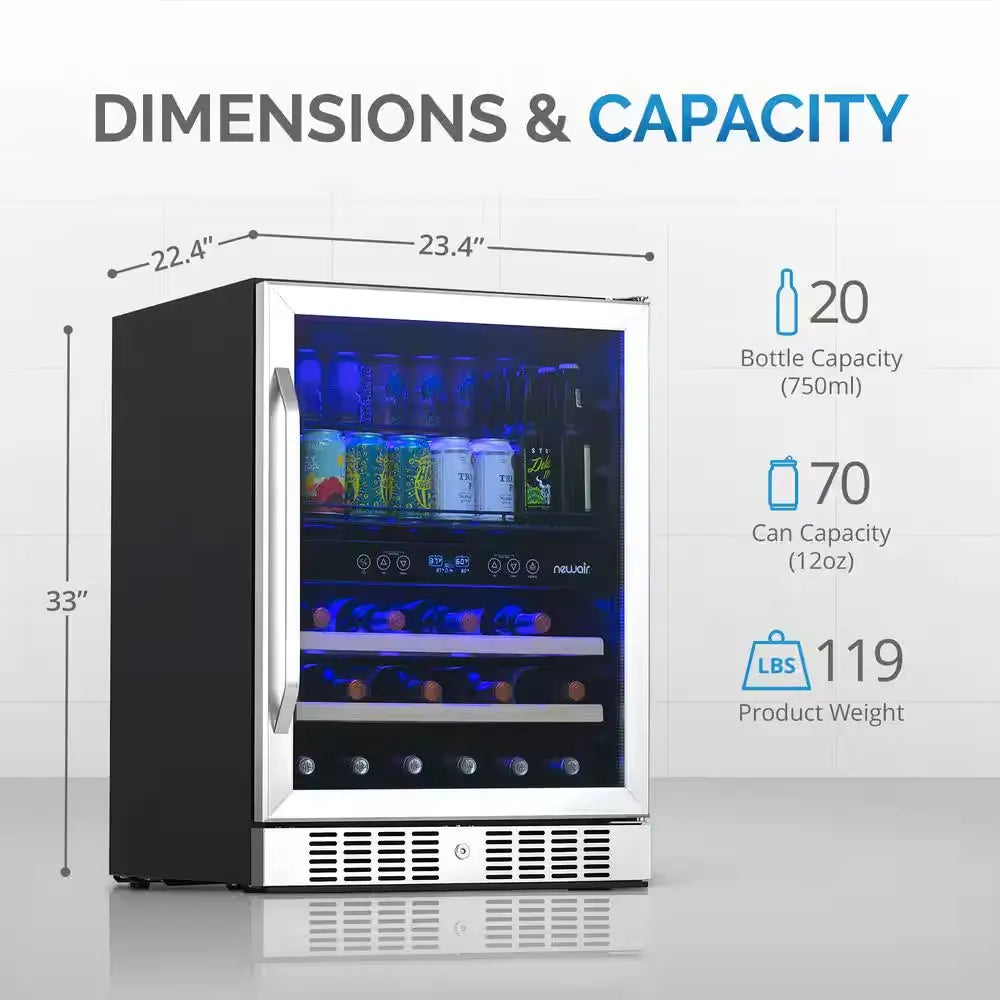 Premium 24 In. Dual Zone 20 Wine Bottles and 70 Cans Beverage and Wine Cooler W/ Customizable Shelves in Stainless Steel | Fridge.com