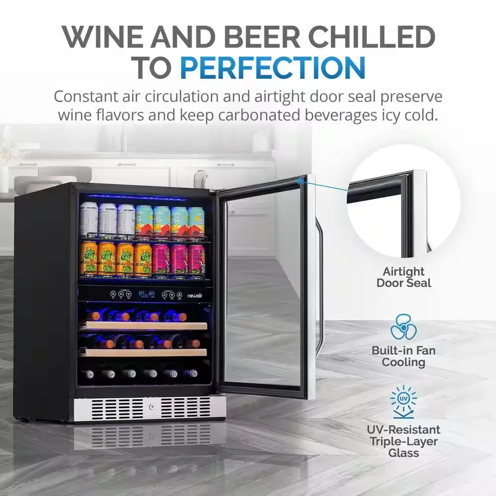 Premium 24 In. Dual Zone 20 Wine Bottles and 70 Cans Beverage and Wine Cooler W/ Customizable Shelves in Stainless Steel | Fridge.com