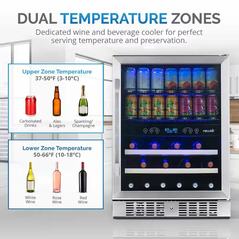 Premium 24 In. Dual Zone 20 Wine Bottles and 70 Cans Beverage and Wine Cooler W/ Customizable Shelves in Stainless Steel | Fridge.com