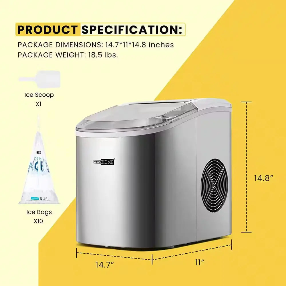 27Lbs/Day Electric Portable Ice Cube Maker with Hand Scoop and Self Cleaning Function in Sliver | Fridge.com