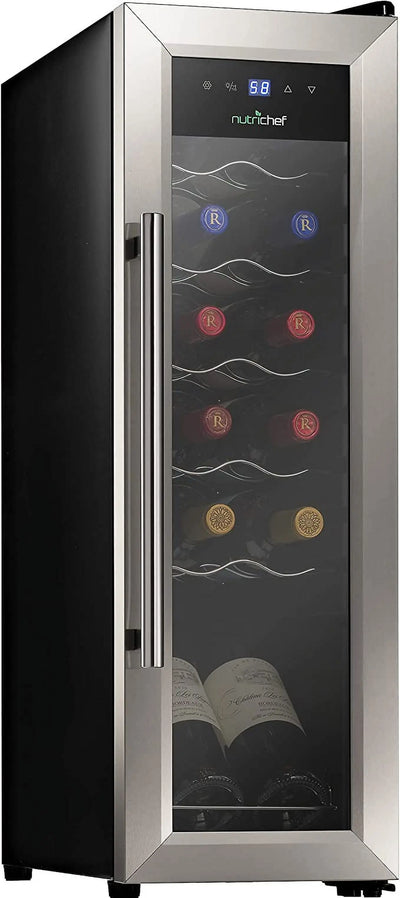 Nutrichef PKCWC12 12 Bottle Cooler Refrigerator White and Red Countertop Chiller W/ Digital Control | Fridge.com