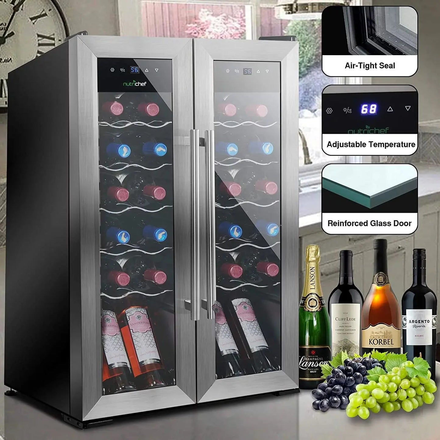 24 Bottle Wine Cooler Refrigerator - White Red Wine Fridge Chiller Countertop Wine Cooler - Freestanding Compact Mini Wine Fridge 24 Bottle W/ Digital Control, Stainless Steel Door - Nutrichef PKCWC24 | Fridge.com