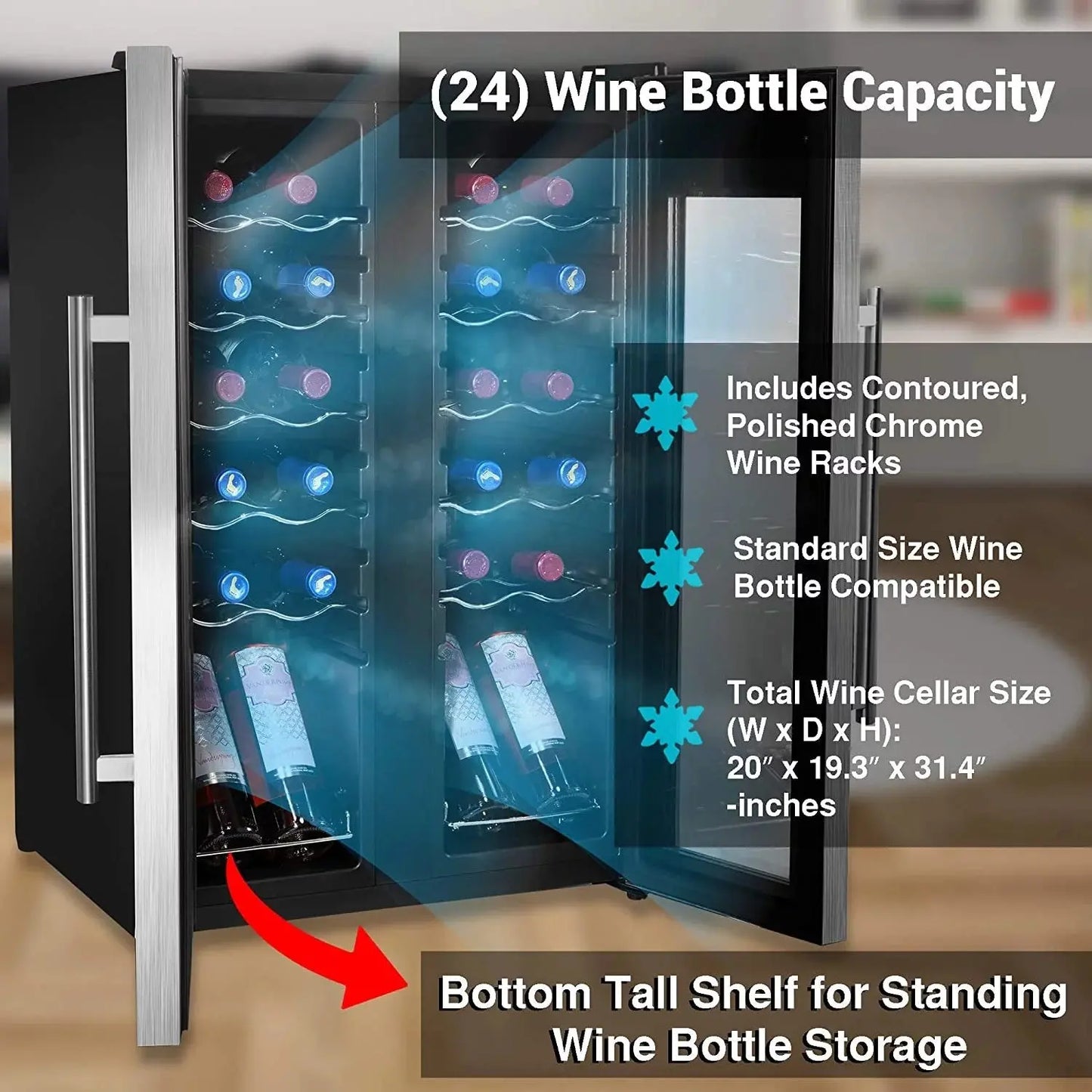 24 Bottle Wine Cooler Refrigerator - White Red Wine Fridge Chiller Countertop Wine Cooler - Freestanding Compact Mini Wine Fridge 24 Bottle W/ Digital Control, Stainless Steel Door - Nutrichef PKCWC24 | Fridge.com