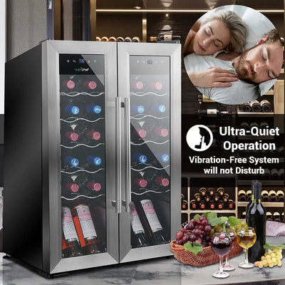 24 Bottle Wine Cooler Refrigerator - White Red Wine Fridge Chiller Countertop Wine Cooler - Freestanding Compact Mini Wine Fridge 24 Bottle W/ Digital Control, Stainless Steel Door - Nutrichef PKCWC24 | Fridge.com