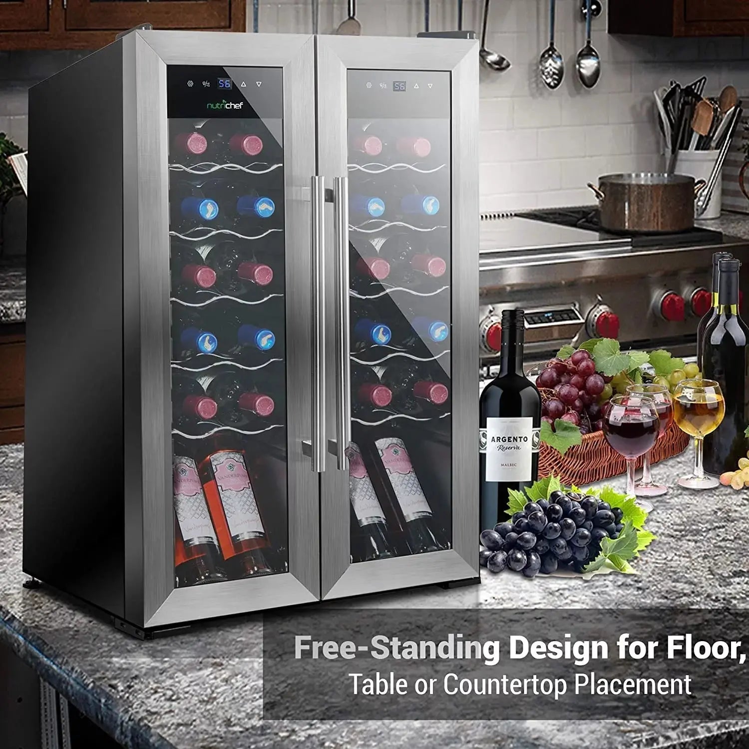 24 Bottle Wine Cooler Refrigerator - White Red Wine Fridge Chiller Countertop Wine Cooler - Freestanding Compact Mini Wine Fridge 24 Bottle W/ Digital Control, Stainless Steel Door - Nutrichef PKCWC24 | Fridge.com