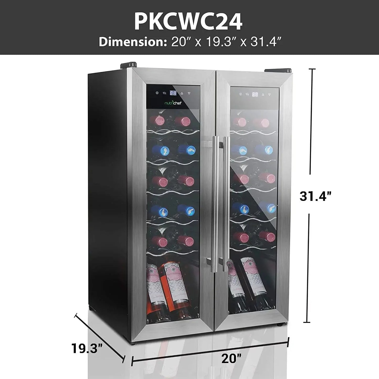 24 Bottle Wine Cooler Refrigerator - White Red Wine Fridge Chiller Countertop Wine Cooler - Freestanding Compact Mini Wine Fridge 24 Bottle W/ Digital Control, Stainless Steel Door - Nutrichef PKCWC24 | Fridge.com