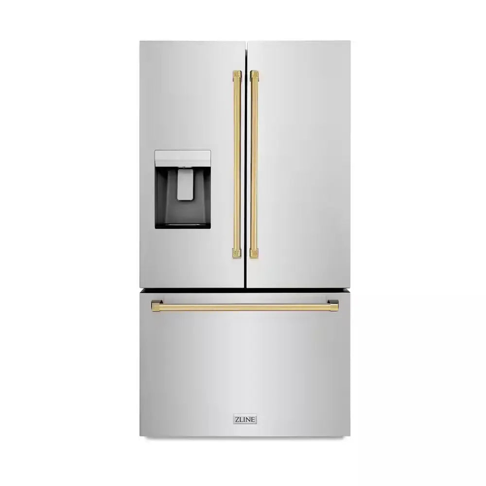 36 In. 3-Door French Door Refrigerator W/ Dual Ice Maker in Fingerprint Resistant Stainless & Polished Gold Handles | Fridge.com