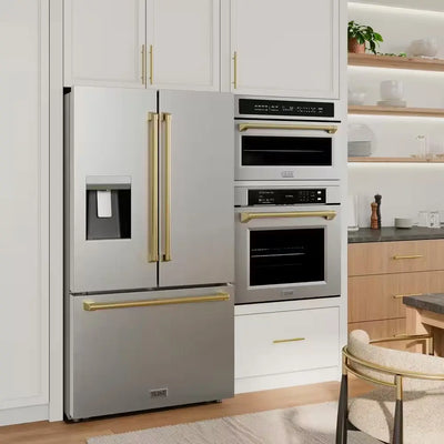 36 In. 3-Door French Door Refrigerator W/ Dual Ice Maker in Fingerprint Resistant Stainless & Polished Gold Handles | Fridge.com