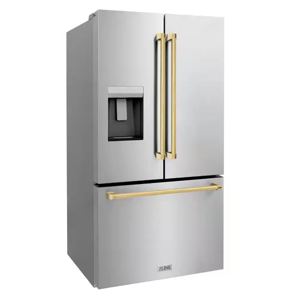 36 In. 3-Door French Door Refrigerator W/ Dual Ice Maker in Fingerprint Resistant Stainless & Polished Gold Handles | Fridge.com