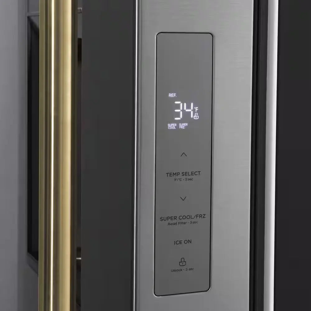 36 In. 3-Door French Door Refrigerator W/ Dual Ice Maker in Fingerprint Resistant Stainless & Polished Gold Handles | Fridge.com