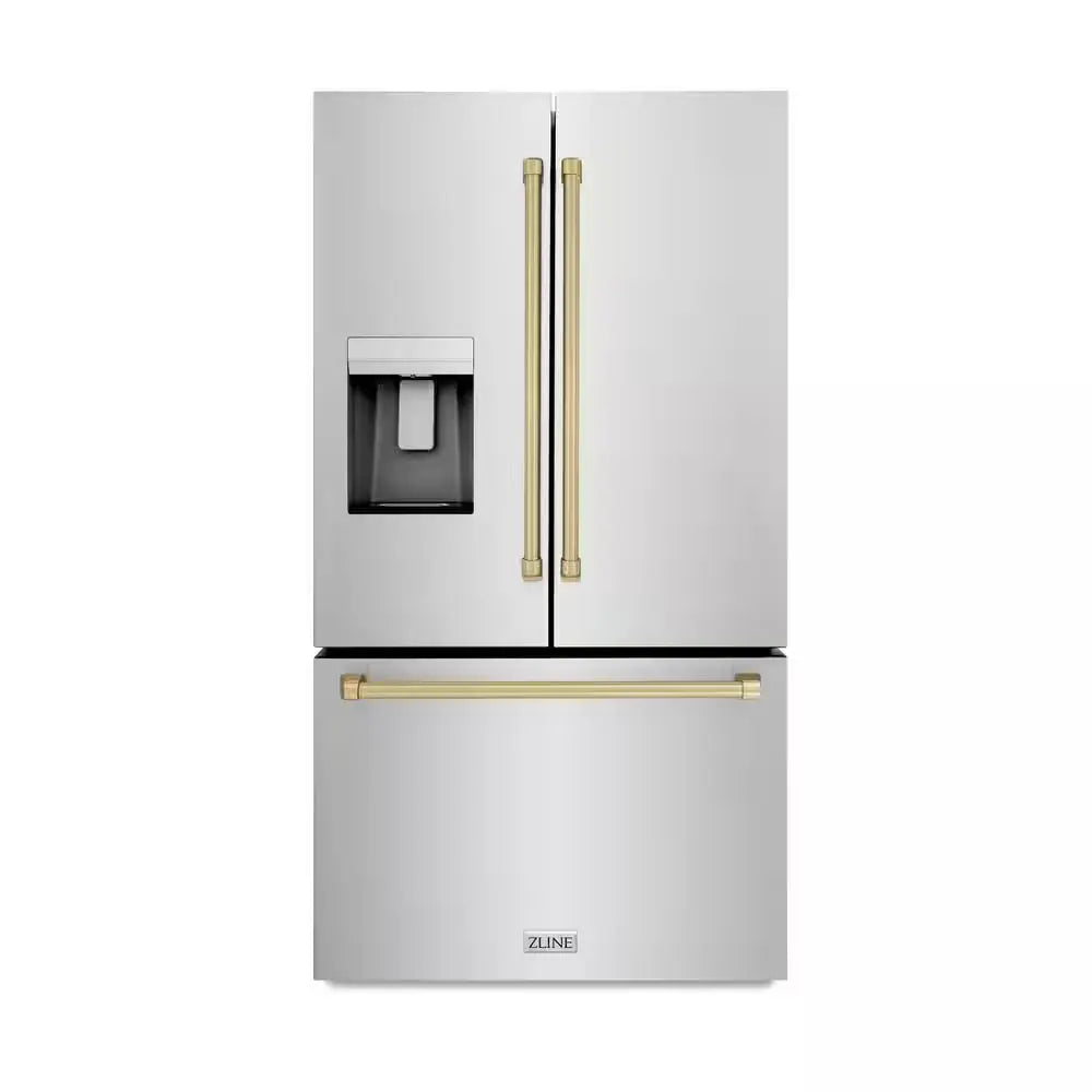 36 In. 3-Door French Door Refrigerator W/ Dual Ice Maker in Fingerprint Resistant Stainless & Polished Gold Handles | Fridge.com