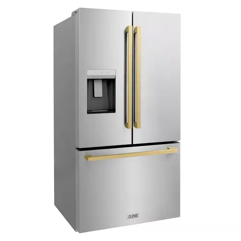 36 In. 3-Door French Door Refrigerator W/ Dual Ice Maker in Fingerprint Resistant Stainless & Square Champagne Bronze | Fridge.com