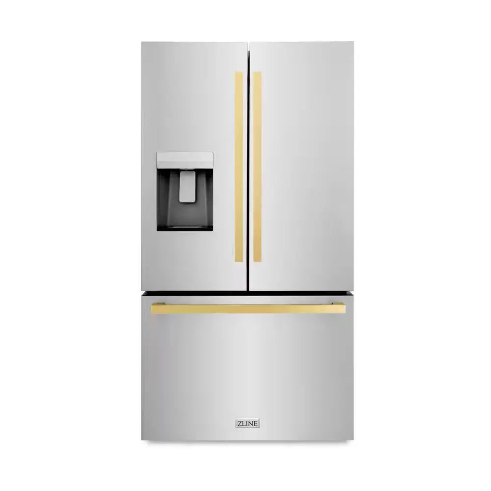 36 In. 3-Door French Door Refrigerator W/ Dual Ice Maker in Fingerprint Resistant Stainless & Square Champagne Bronze | Fridge.com