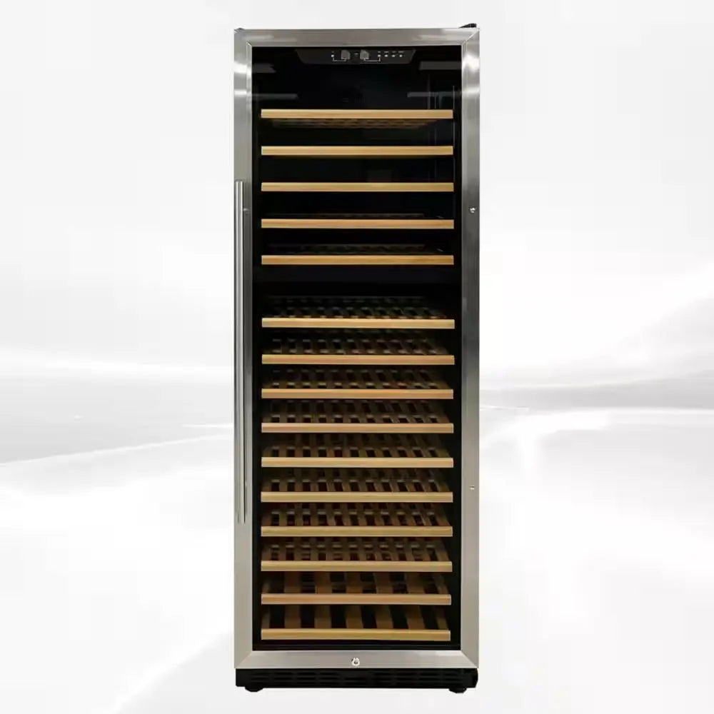 Dual Temperature Zone 23.5 In. W 168-Bottle Glass Door Free Standing Wine Cooler in Black with Wood Shelves | Fridge.com