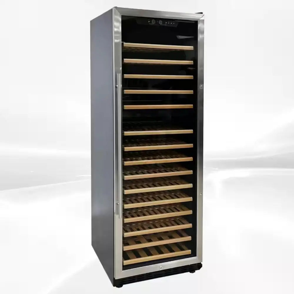 Dual Temperature Zone 23.5 In. W 168-Bottle Glass Door Free Standing Wine Cooler in Black with Wood Shelves | Fridge.com