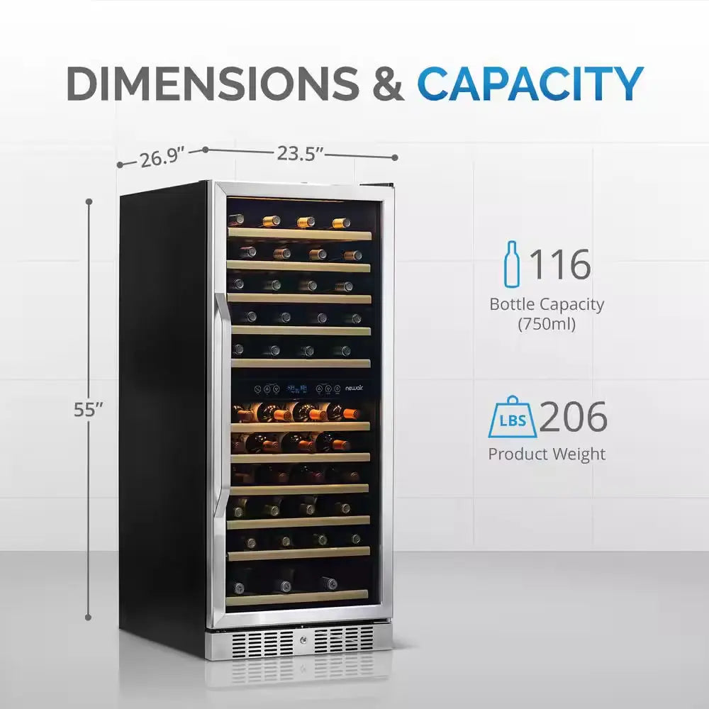 Dual Zone 116-Bottle Built-In Wine Cooler Fridge with Smooth Rolling Shelves and Quiet Operation - Stainless Steel | Fridge.com