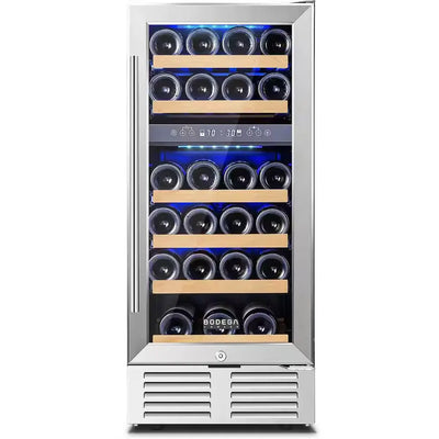 Dual Zone 15 In. 28-Bottle Built-In Wine and 30-Can Beverage Cooler Fridge with Beech Wood Shelves, Stainless Steel | Fridge.com