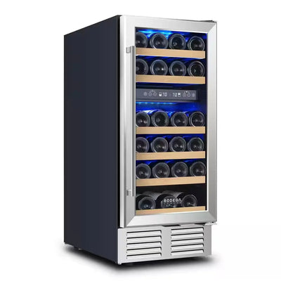 Dual Zone 15 In. 28-Bottle Built-In Wine and 30-Can Beverage Cooler Fridge with Beech Wood Shelves, Stainless Steel | Fridge.com