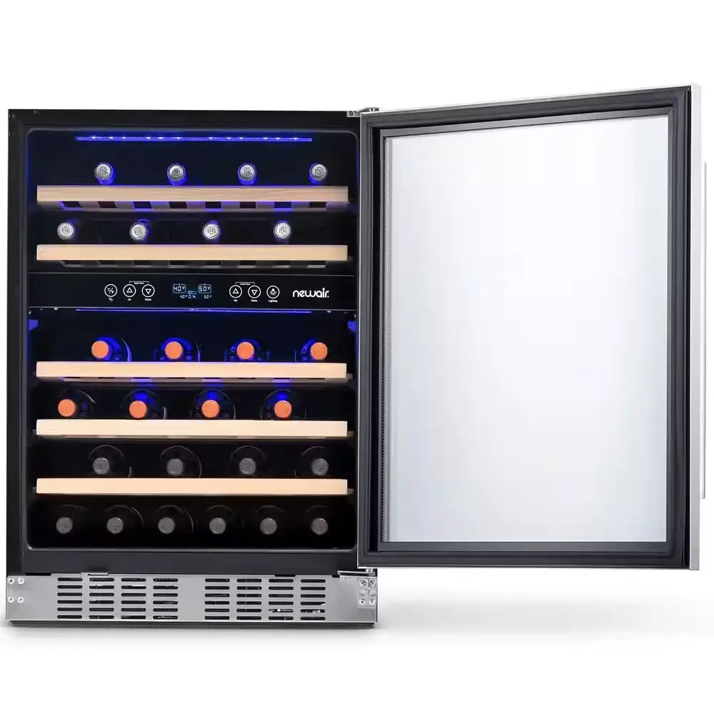 Dual Zone 24 In. 46-Bottle Built-In Wine Cooler Fridge with Recessed Kickplate Lock Reversible Door in Stainless Steel | Fridge.com