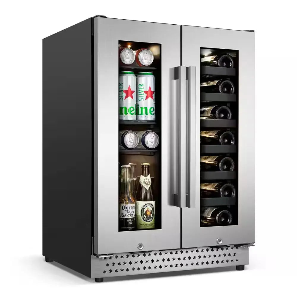 Dual Zone 24 In. Built-In 20-Bottle and 88-Can Beverage and Wine Cooler Fridge with French Doors, Stainless Steel | Fridge.com