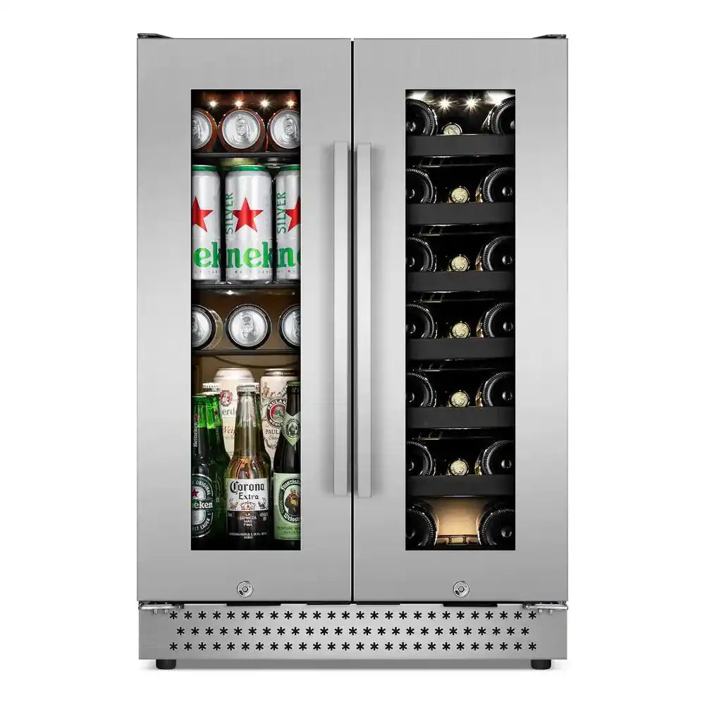 Dual Zone 24 In. Built-In 20-Bottle and 88-Can Beverage and Wine Cooler Fridge with French Doors, Stainless Steel | Fridge.com