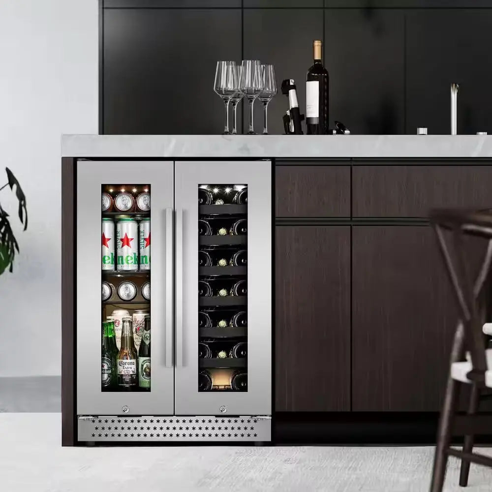 Dual Zone 24 In. Built-In 20-Bottle and 88-Can Beverage and Wine Cooler Fridge with French Doors, Stainless Steel | Fridge.com