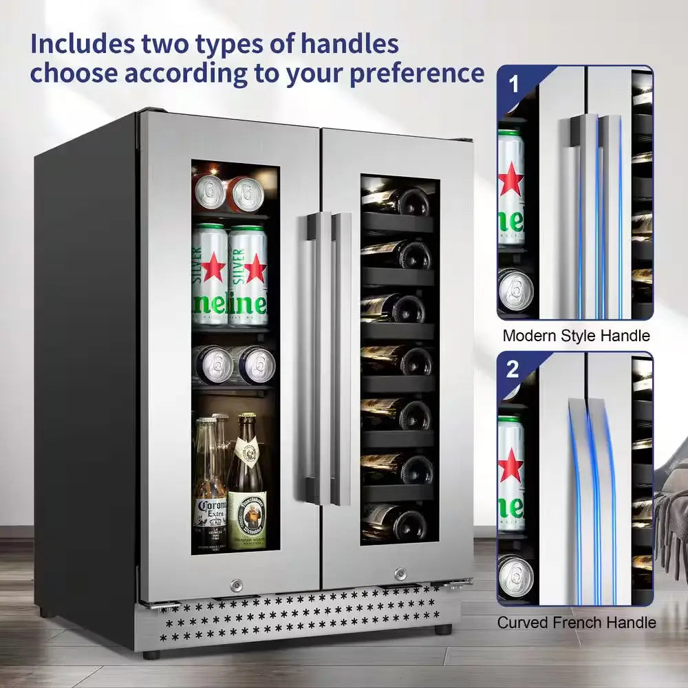 Dual Zone 24 In. Built-In 20-Bottle and 88-Can Beverage and Wine Cooler Fridge with French Doors, Stainless Steel | Fridge.com