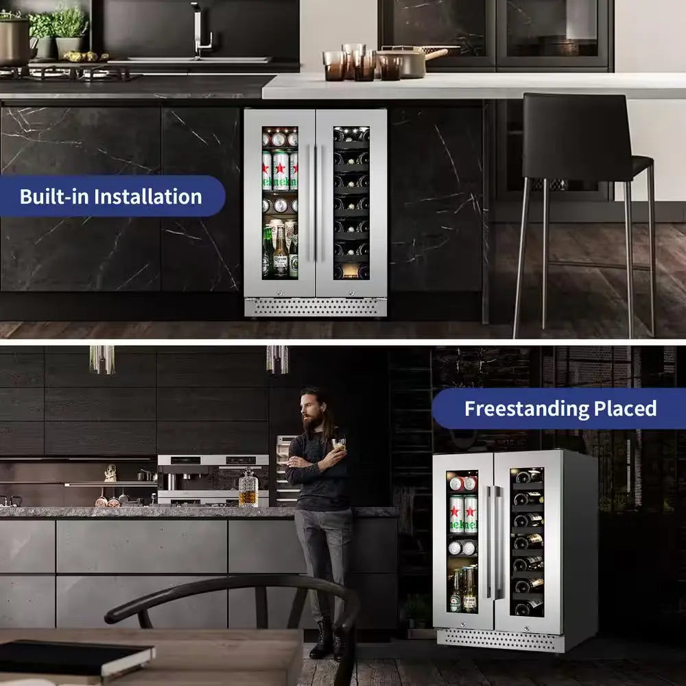 Dual Zone 24 In. Built-In 20-Bottle and 88-Can Beverage and Wine Cooler Fridge with French Doors, Stainless Steel | Fridge.com