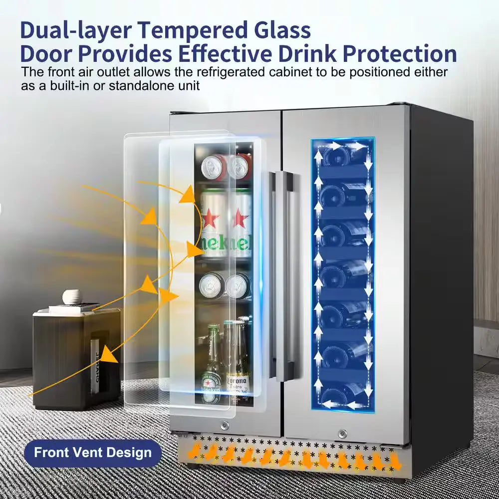 Dual Zone 24 In. Built-In 20-Bottle and 88-Can Beverage and Wine Cooler Fridge with French Doors, Stainless Steel | Fridge.com