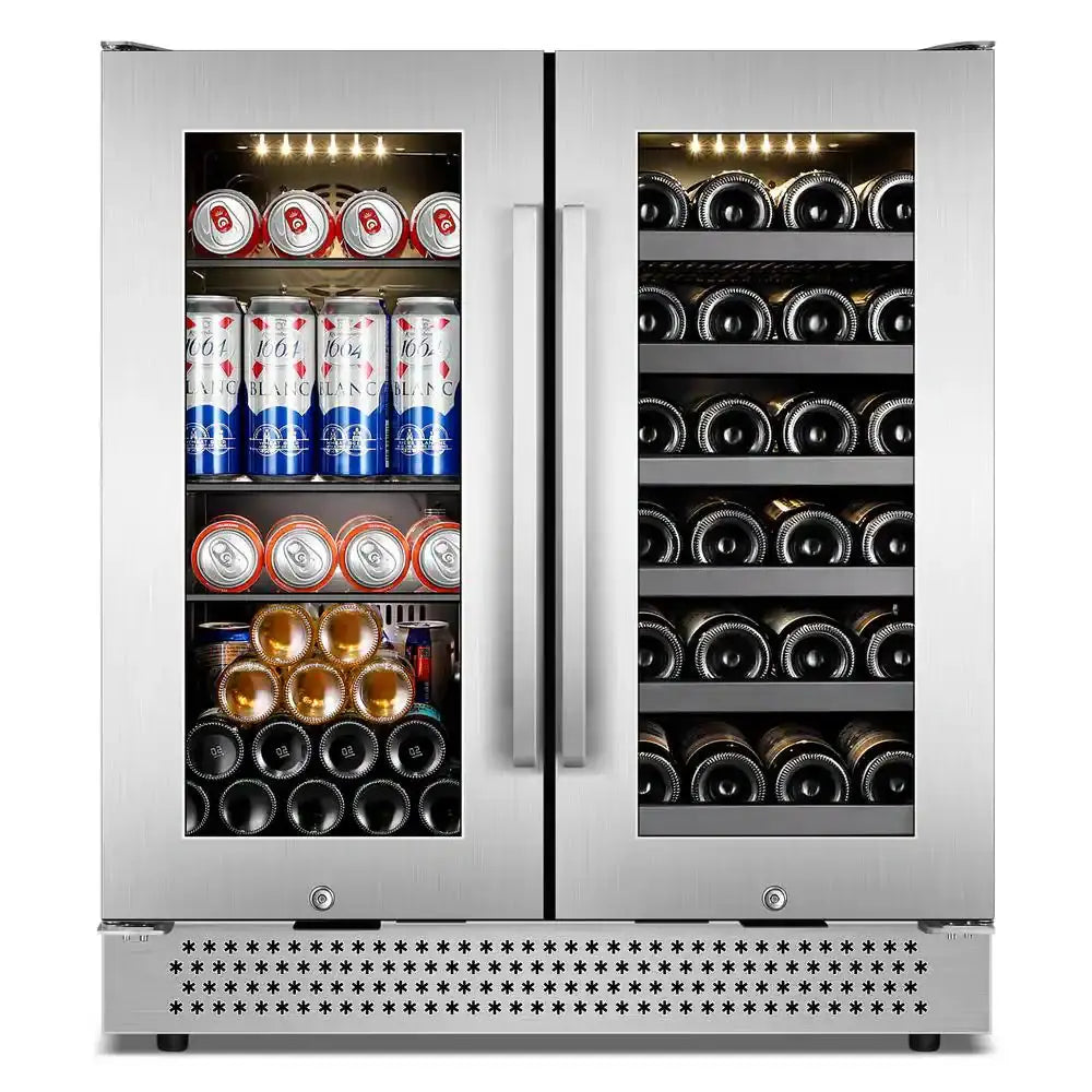 Dual Zone 30 In. Built-In 30-Wine Bottles and 100-Can with French Door Beverage and Wine Cooler, Stainless Steel | Fridge.com