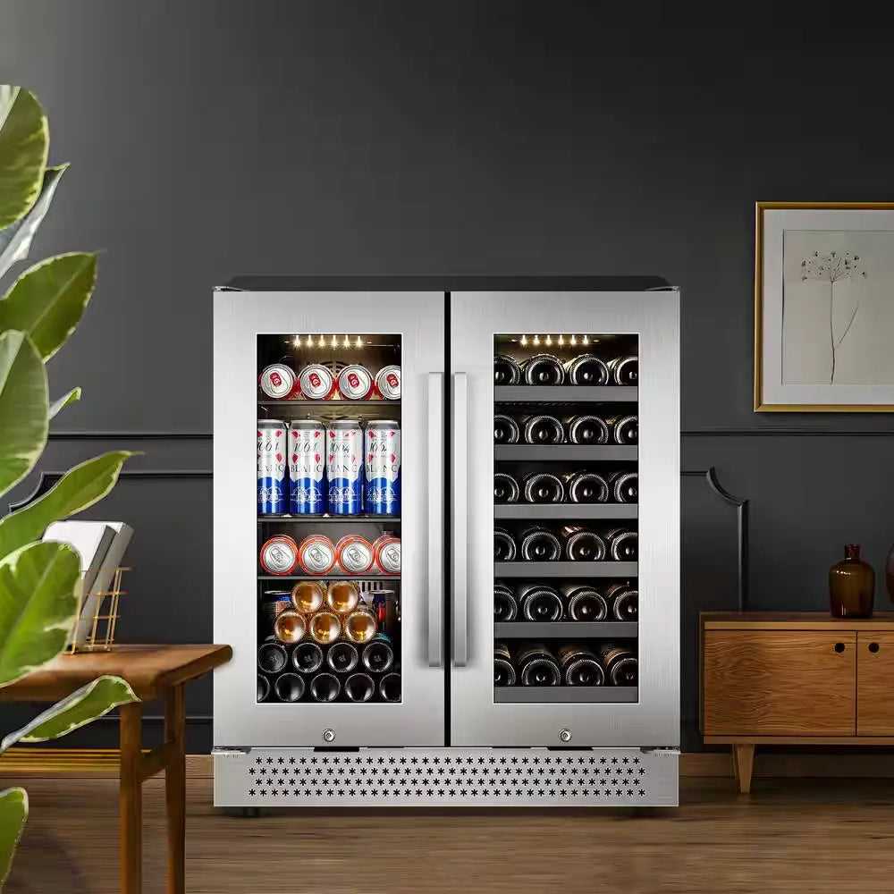 Dual Zone 30 In. Built-In 30-Wine Bottles and 100-Can with French Door Beverage and Wine Cooler, Stainless Steel | Fridge.com