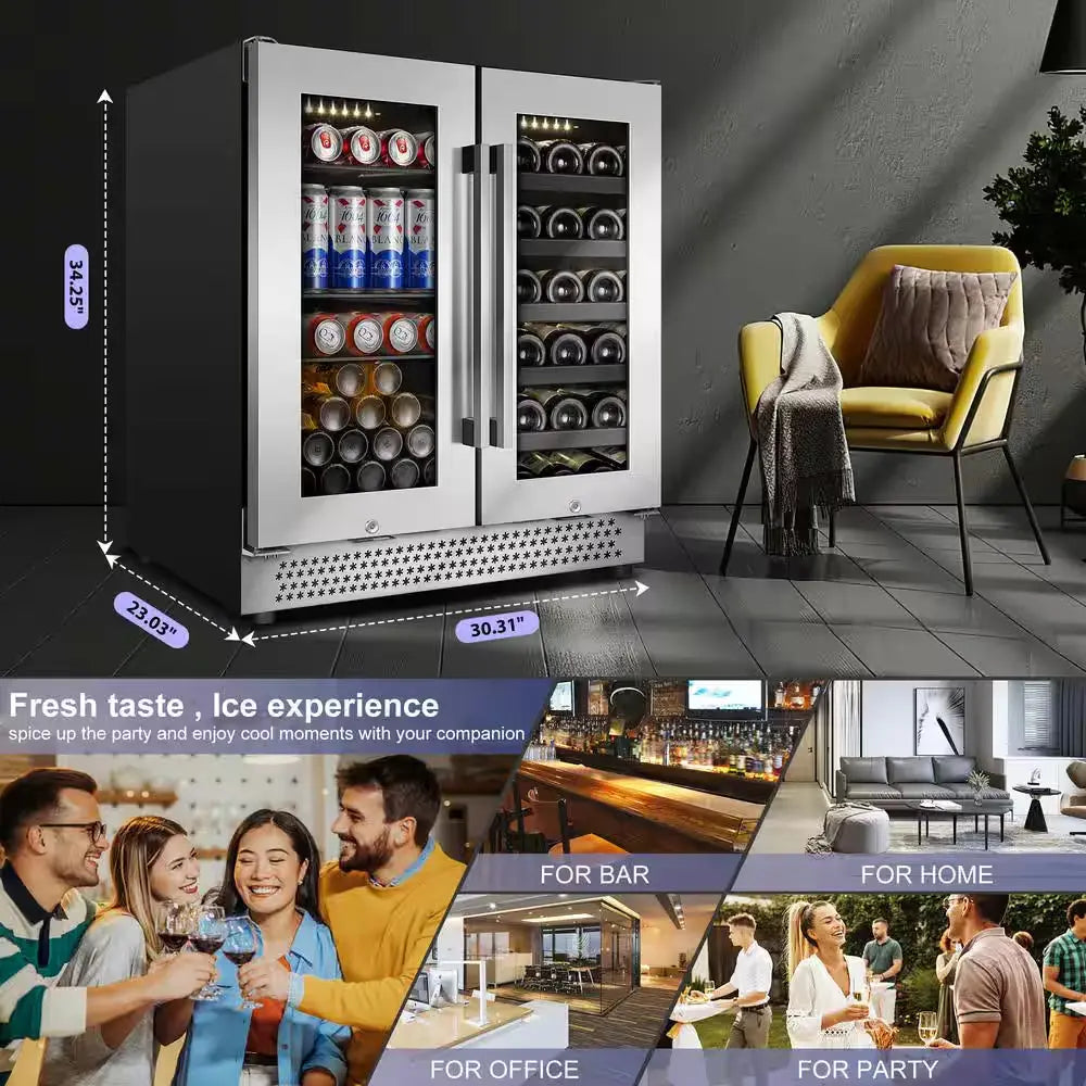 Dual Zone 30 In. Built-In 30-Wine Bottles and 100-Can with French Door Beverage and Wine Cooler, Stainless Steel | Fridge.com