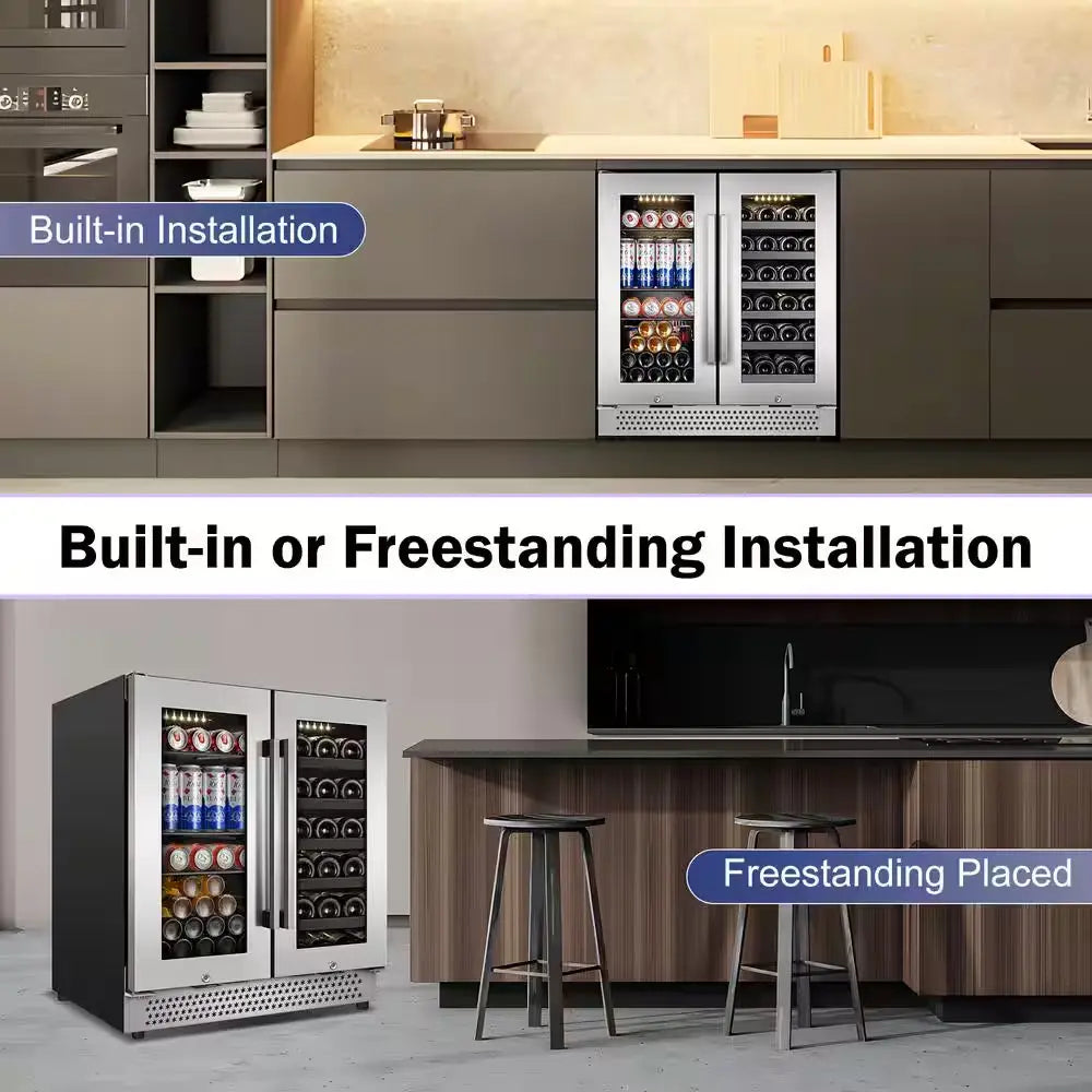 Dual Zone 30 In. Built-In 30-Wine Bottles and 100-Can with French Door Beverage and Wine Cooler, Stainless Steel | Fridge.com