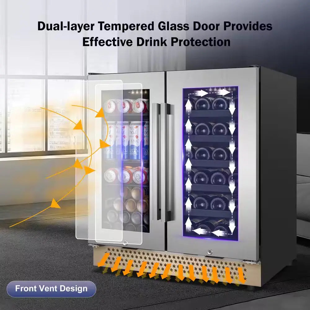 Dual Zone 30 In. Built-In 30-Wine Bottles and 100-Can with French Door Beverage and Wine Cooler, Stainless Steel | Fridge.com