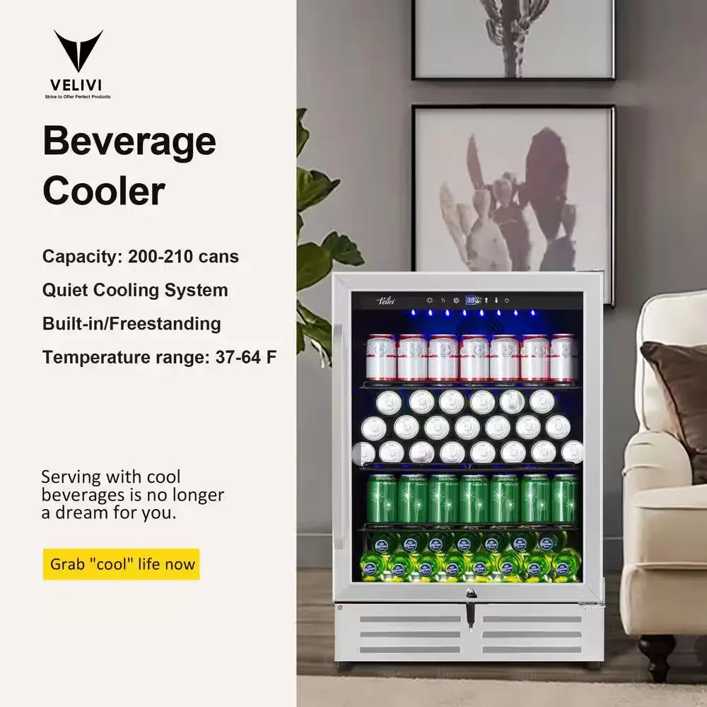 24 In. 210 (12 Oz.) Can Built-In/Freestanding Beverage Cooler Fridge with Adjustable Shelves in Stainless Steel | Fridge.com