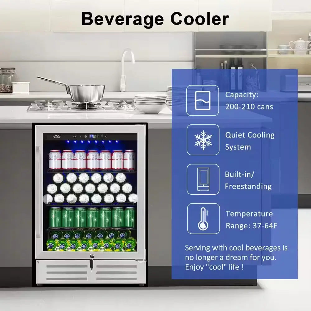 24 In. 210 (12 Oz.) Can Built-In/Freestanding Beverage Cooler Fridge with Adjustable Shelves in Stainless Steel | Fridge.com