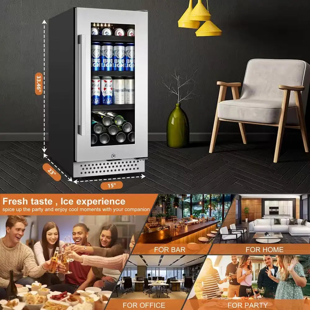 15 In. 127 (12 Oz.) Can Seamless Single Zone Built-In/Freestanding Beverage Cooler with Childproof Lock, Stainless Steel | Fridge.com