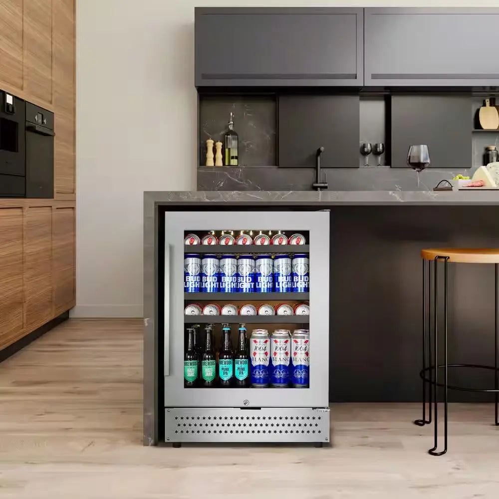 24 In. 190 (12 Oz.) Can Seamless Single Zone Built-In/Freestanding Beverage Cooler with Childproof Lock, Stainless Steel | Fridge.com