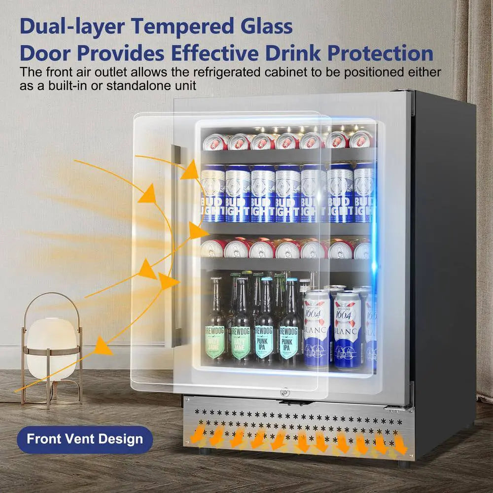 24 In. 190 (12 Oz.) Can Seamless Single Zone Built-In/Freestanding Beverage Cooler with Childproof Lock, Stainless Steel | Fridge.com