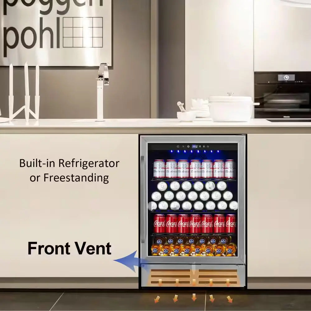 24 In. Built-In/Freestanding Single Zone Beverage Refrigerator with 210 Can(12 Oz. )Beverage, Stainless Steel | Fridge.com