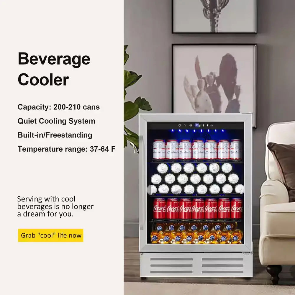 24 In. Built-In/Freestanding Single Zone Beverage Refrigerator with 210 Can(12 Oz. )Beverage, Stainless Steel | Fridge.com