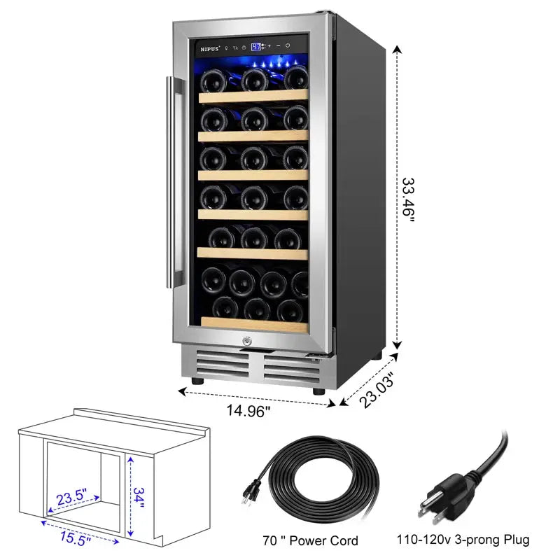 15" 30 Bottle Single Zone Wine Refrigerator Classic Series Built-In/Freestanding with Two Handle | Fridge.com