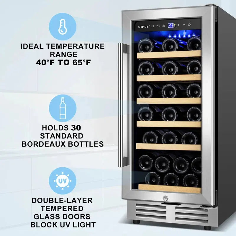 15" 30 Bottle Single Zone Wine Refrigerator Classic Series Built-In/Freestanding with Two Handle | Fridge.com