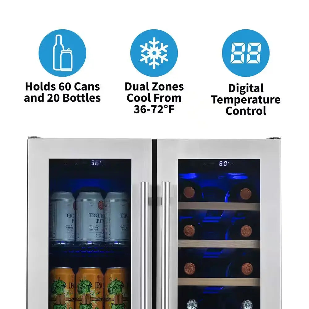 24 In. 18-Bottle and 58-Can Dual Zone Wine and Beverage Cooler in Stainless Steel,Built-In or Freestanding W/French Door | Fridge.com