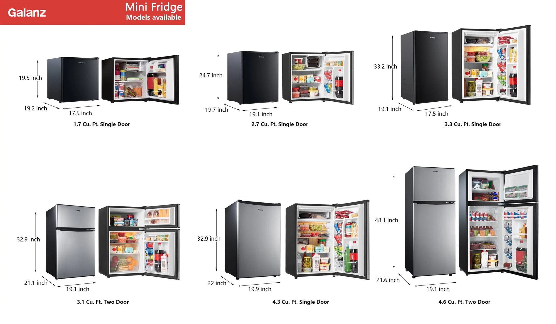 Galanz 2.7 Cu Ft Single Door Mini Fridge, Black, Estar, New, Width 19.13" | Fridge.com