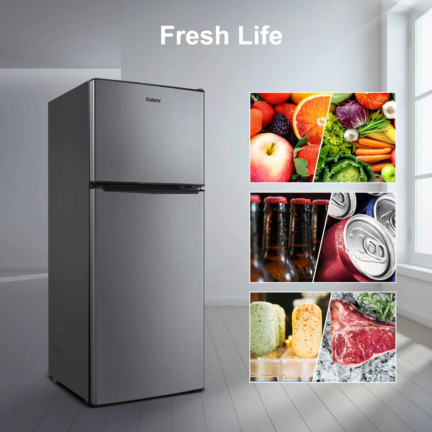 Galanz 4.6. Cu Ft Two Door Mini Refrigerator with Freezer, Stainless Steel, New, Width 19.13" | Fridge.com