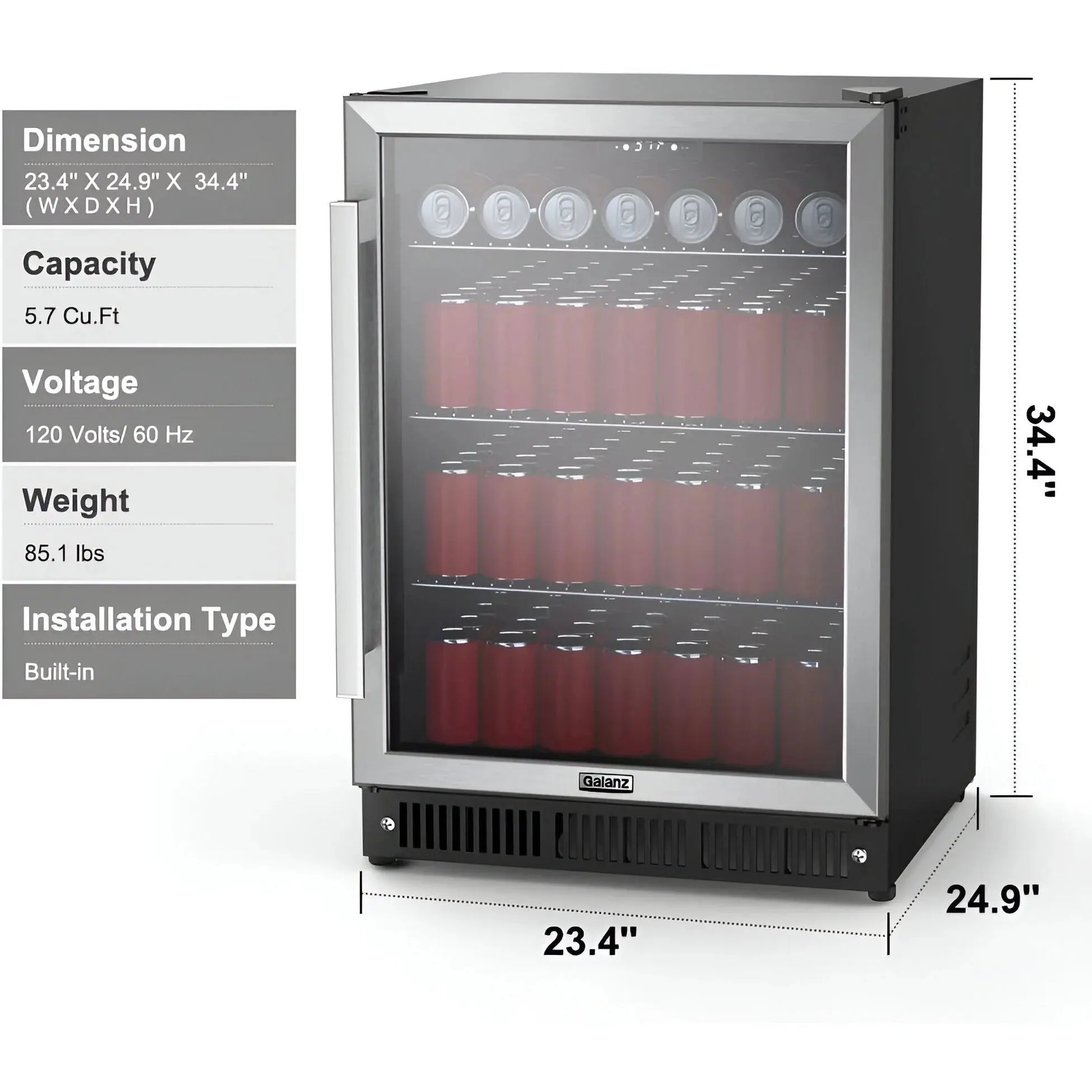 Galanz 5.7 Cu. Ft 172 Cans Beverage Refrigerator, Stainless Steel, 23.4 in Wide, New | Fridge.com