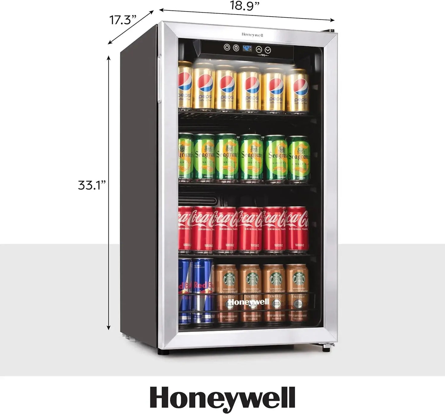 Honeywell Beverage Refrigerator and Cooler, 115 Can Mini Fridge with Glass Door for Soda Beer or Wine for Office or Bar with Adjustable Removable Shelving | Fridge.com