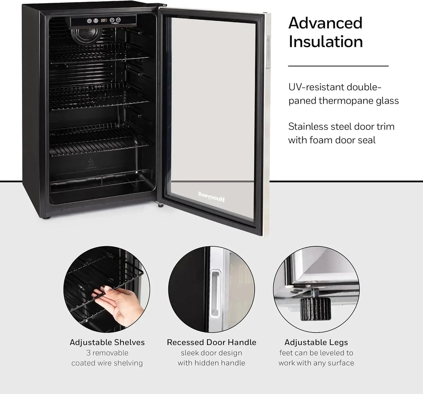 Honeywell Beverage Refrigerator and Cooler, 115 Can Mini Fridge with Glass Door for Soda Beer or Wine for Office or Bar with Adjustable Removable Shelving | Fridge.com